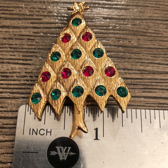 Vtg. LIA Red Green Rhinestone Christmas Tree Pin - Picture 10 of 12